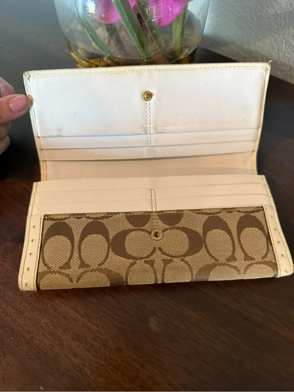 Coach Signature C Canvas in Brown and Tan with Cream Leather Trim Long Wallet